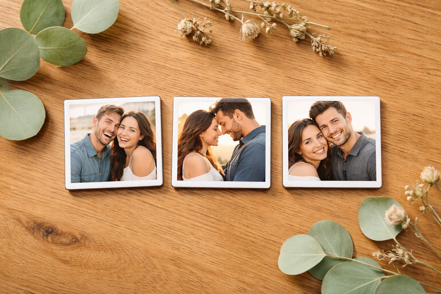 Custom photo magnets on a fridge